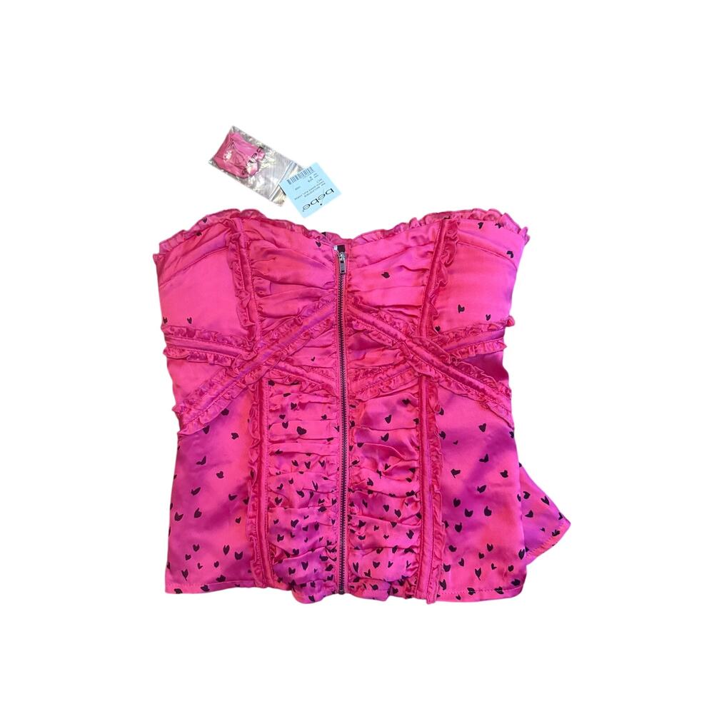 NWT Bebe Vintage Y2K Pink Silk Bustier Corset w/Ruffled Detail and hearts M